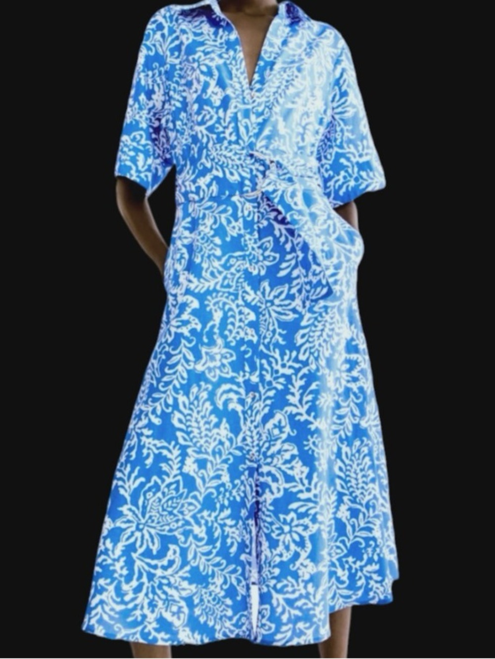 Zara Blue & White Floral Wrap-Style Midi Dress